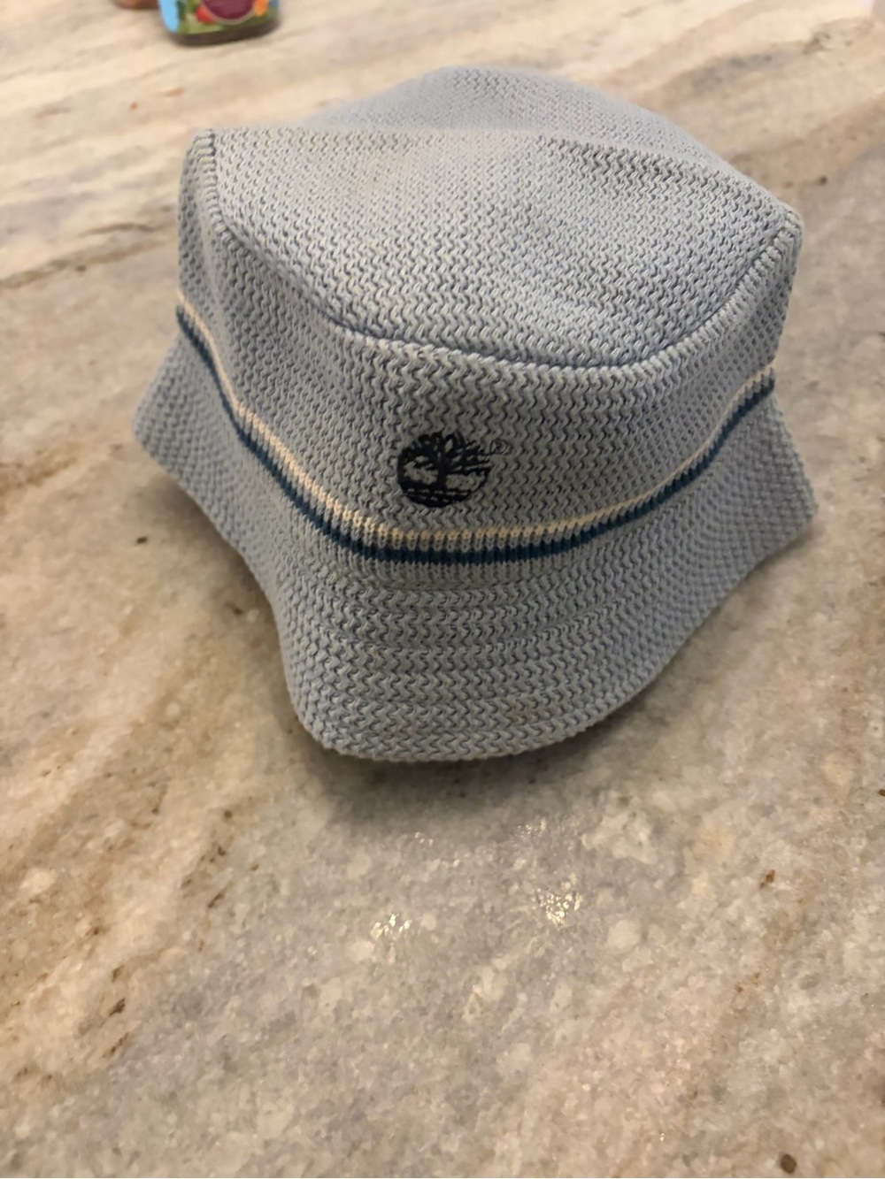 Timberland Light Blue Knit Bucket Hat with Navy and Cream Stripes